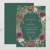ダリアの深いティールカラーの結婚式 招待状 (正面/裏面)