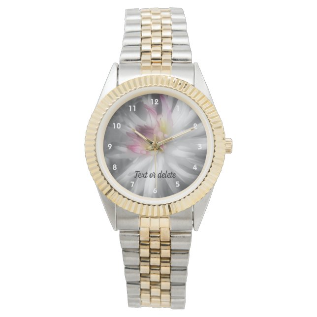 ダリアの白と黒のパーソナライズされた花 腕時計 (正面)