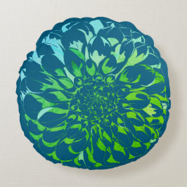 ダリアの花のターコイズブルーの枕 ラウンドクッション