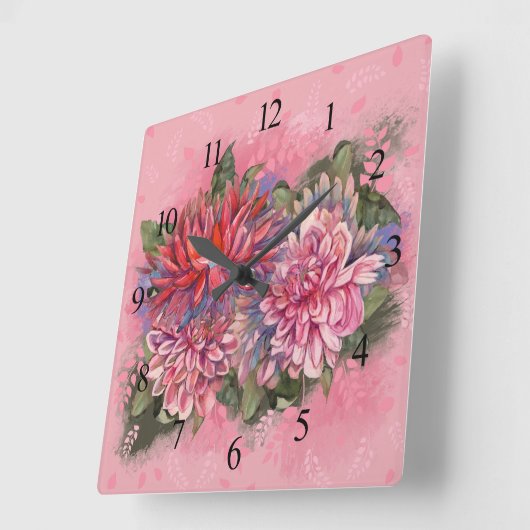ダリアの花のピンクの水彩画パターン スクエア壁時計 (傾斜)