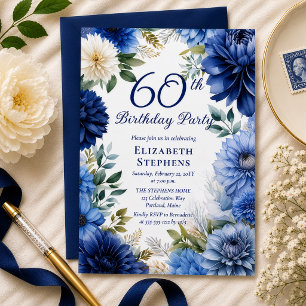 ダリアの花の大人っぽいブルーを使った60歳の誕生日パーティー 招待状