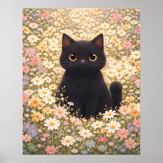ダリアの花畑にいるかわいい黒猫のポスター ポスター (正面)