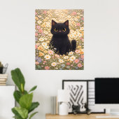 ダリアの花畑にいるかわいい黒猫のポスター ポスター (ホームオフィス)