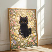 ダリアの花畑にいるかわいい黒猫のポスター ポスター