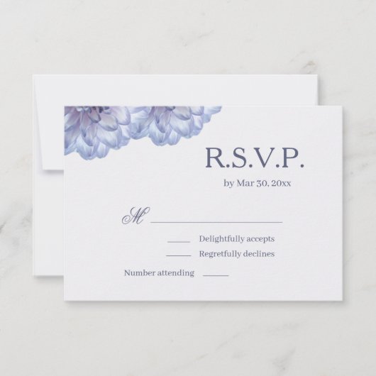 ダリアの花 ライラック ブルー エレガント ウェディング RSVP 招待状 (正面)