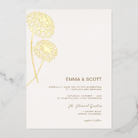 ダリアアートスケッチ金ゴールドモダン秋の結婚式金ゴールド 箔招待状 (正面)