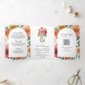 ダリアカラフルフローラメイソンJAR QRコード結婚ズ 三つ折り招待状 (内部)