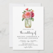 ダリアカラフルフローラメイソンJAR QRコード結婚ズ 招待状 (正面)