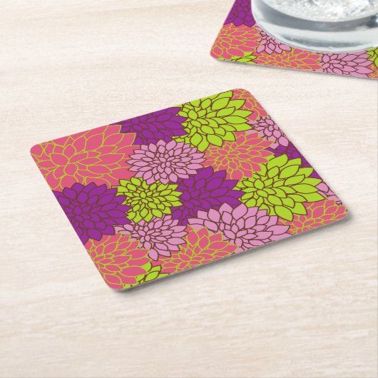 ダリアカラフル花、花、花柄 スクエアペーパーコースター (アングル)