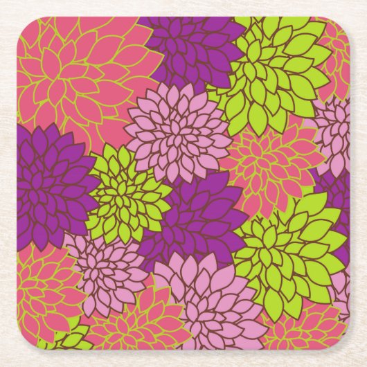 ダリアカラフル花、花、花柄 スクエアペーパーコースター (正面)
