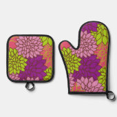 ダリアカラフル花、花、花柄 鍋つかみ&鍋敷きセット (正面)