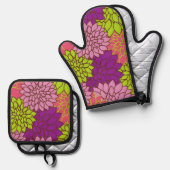 ダリアカラフル花、花、花柄 鍋つかみ&鍋敷きセット (正面/裏面)