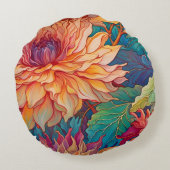 ダリアガーデンタペストリーレッド、ブルーグリーン金ゴールド ラウンドクッション (裏面)