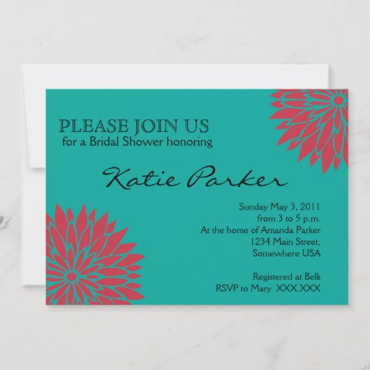 ダリアコーラル&ティール（緑がかった色）フラワー 招待状 (正面)