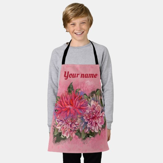 ダリアスの花ピンクの水の色パターン エプロン (着用した状態)