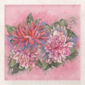 ダリアスの花ピンクの水の色パターン ガラスコースター (正面)