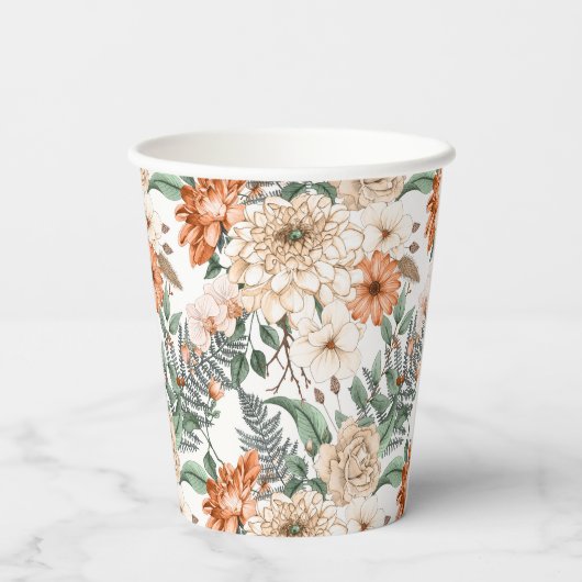 ダリアスデイジーシダ緑の桃の白ロマンチック 紙コップ (裏面)