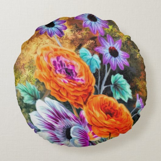 ダリアデイジーフラワーガーデンフローラ金ゴールドパープルピーア ラウンドクッション (裏面)