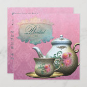 ダリアピンクティール(緑がかった色)ブルーブライダルティーシャワー招待状 招待状 (正面/裏面)