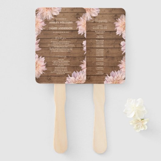 ダリアピンクフローラ素朴ウッド結婚式 プログラム ハンドファン (正面&裏面)