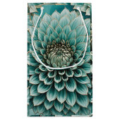 ダリアフラワーインティール（緑がかった色）アクアブルーデジタルアート スモールペーパーバッグ (裏面)