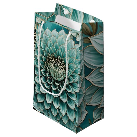 ダリアフラワーインティール（緑がかった色）アクアブルーデジタルアート スモールペーパーバッグ (正面アングル)