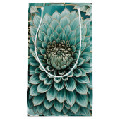 ダリアフラワーインティール（緑がかった色）アクアブルーデジタルアート スモールペーパーバッグ (正面)