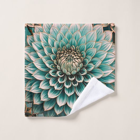 ダリアフラワーインティール（緑がかった色）アクアブルーデジタルアート バスタオルセット (ウォッシュタオル)