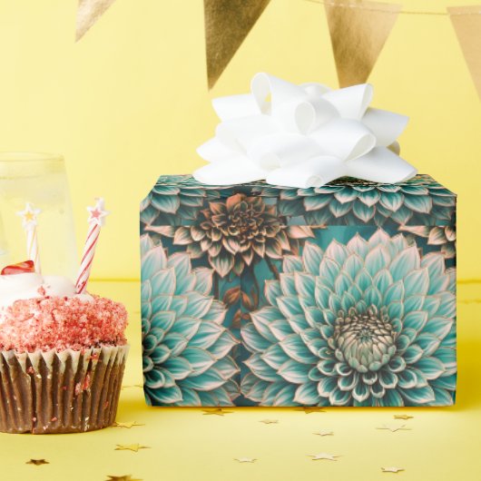 ダリアフラワーインティール（緑がかった色）アクアブルーデジタルアート ラッピングペーパー (誕生日パーティー)