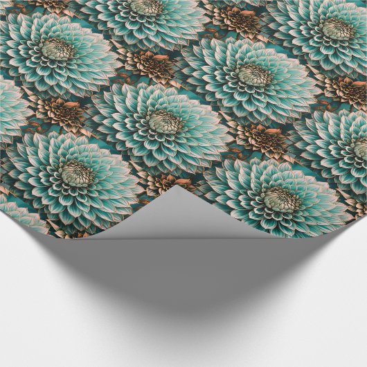 ダリアフラワーインティール（緑がかった色）アクアブルーデジタルアート ラッピングペーパー (角)