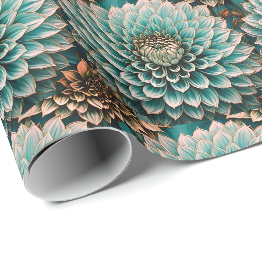 ダリアフラワーインティール（緑がかった色）アクアブルーデジタルアート ラッピングペーパー (ロールコーナー)