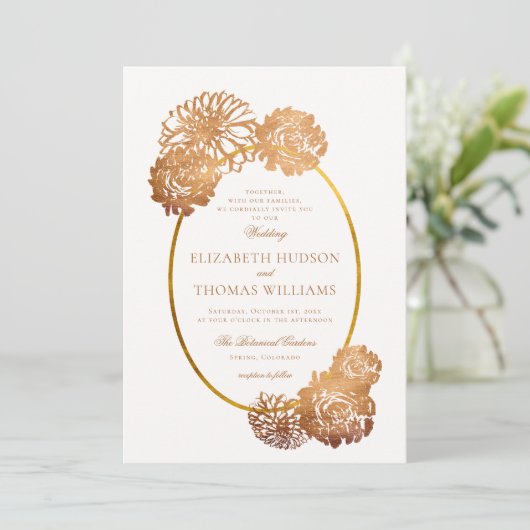 ダリアフローラアートスケッチ銅金ゴールド秋の結婚式 招待状 (スタンド正面)