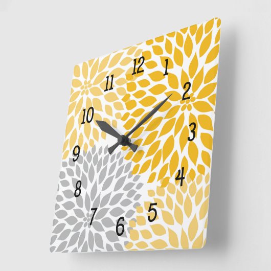 ダリアブーケ、マスタードイエローグレーフローラ スクエア壁時計 (傾斜)