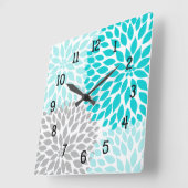 ダリアモダン花ターコイズブルーグレイ スクエア壁時計 (傾斜)