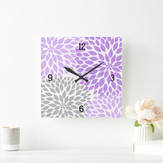 ダリアモダン花ラベンダーグレー#2 スクエア壁時計 (ホーム)