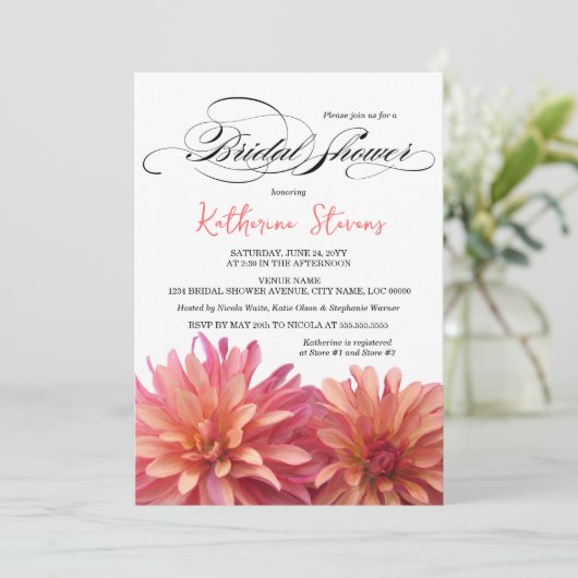 ダリア絵を描インピンクとサンゴブライダルシャワー 招待状 (スタンド正面)