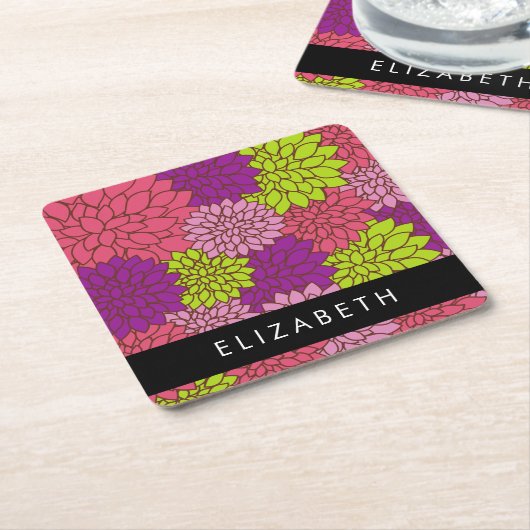 ダリア花カラフル花お名前 スクエアペーパーコースター (アングル)