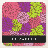 ダリア花カラフル花お名前 スクエアペーパーコースター (正面)