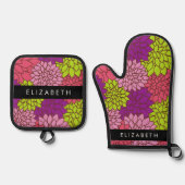 ダリア花カラフル花お名前 鍋つかみ&鍋敷きセット (正面)