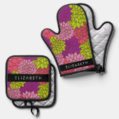 ダリア花カラフル花お名前 鍋つかみ&鍋敷きセット (正面/裏面)