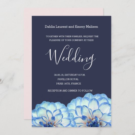 ダリア花ネイビーブルー白赤面ピンク結婚ズ 招待状 (正面/裏面)