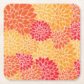 ダリア花、花のパターン、オレンジ色のダリア スクエアペーパーコースター (正面)