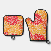 ダリア花、花のパターン、オレンジ色のダリア 鍋つかみ&鍋敷きセット (正面)