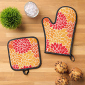 ダリア花、花のパターン、オレンジ色のダリア 鍋つかみ&鍋敷きセット (トップダウン)