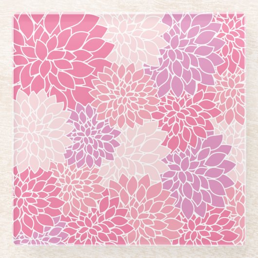 ダリア花、花のパターン、ピンクのダリア ガラスコースター (正面)