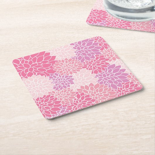ダリア花、花のパターン、ピンクのダリア スクエアペーパーコースター (アングル)