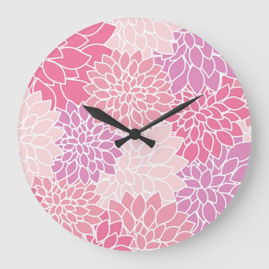 ダリア花、花のパターン、ピンクのダリア ラージ壁時計 (正面)