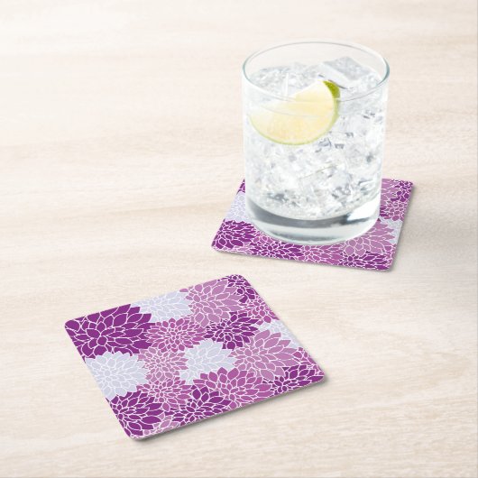 ダリア花、花のパターン、紫ダリア スクエアペーパーコースター (インサイチュ)