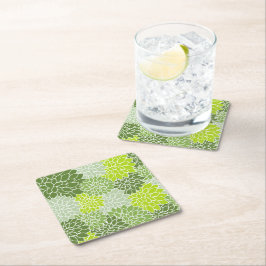 ダリア花、花のパターン、緑のダリア スクエアペーパーコースター
