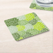 ダリア花、花のパターン、緑のダリア スクエアペーパーコースター (アングル)